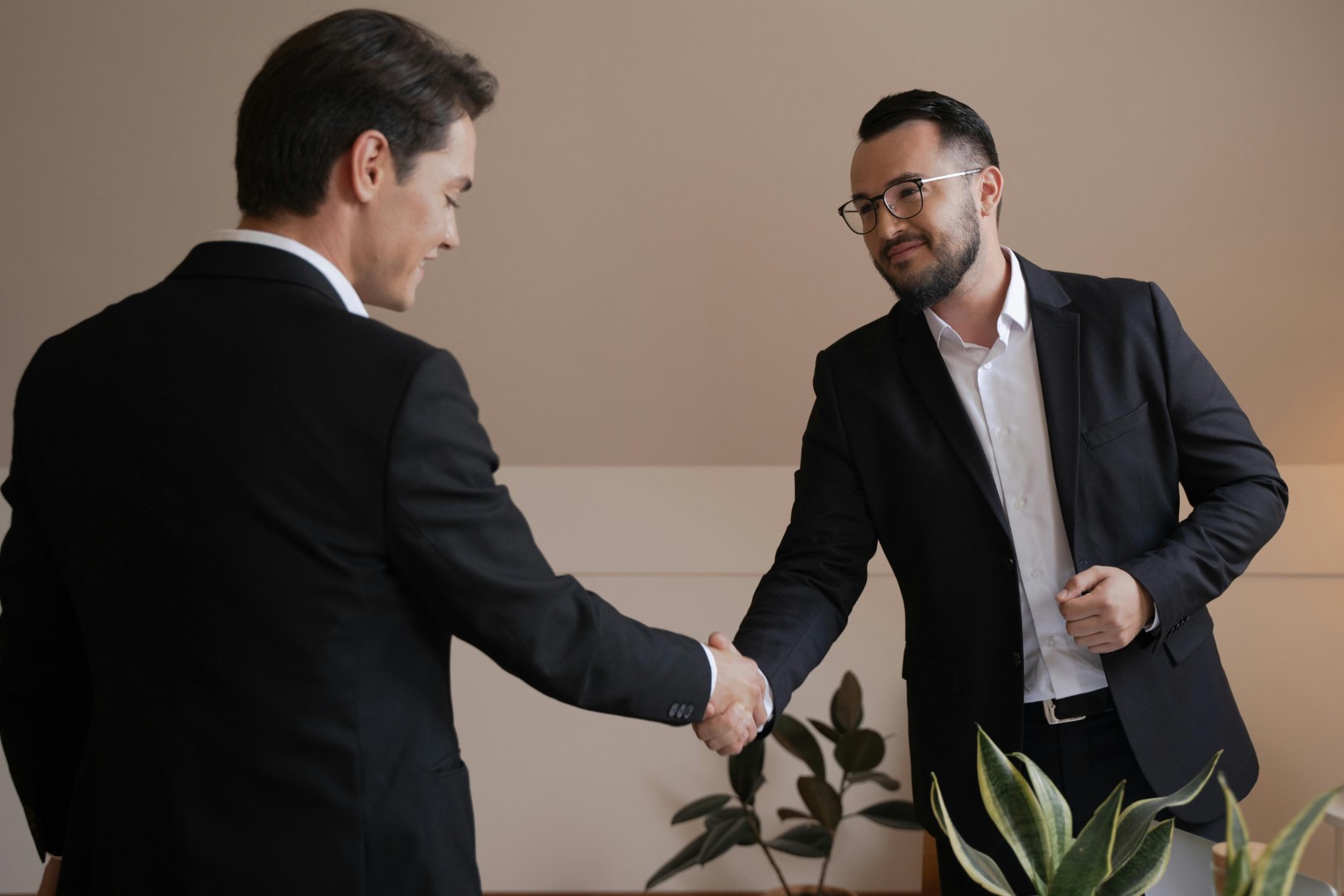 Sociedad Participada. Socios dándose la mano tras firmar trato de compra de empresa.